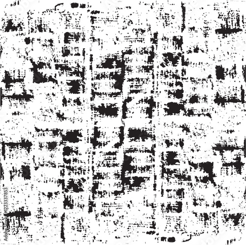 Monochrome texture composed of irregular graphic elements. Distressed uneven grunge background. Abstract vector illustration. Overlay for interesting effect and depth. Isolated on white background.