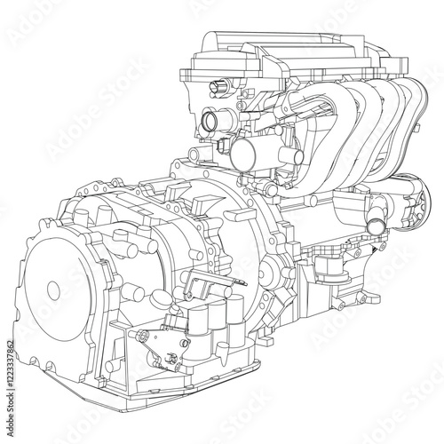 Engine Illustration Set. Car, Motorcycle, Electric Motor, and Rocket Engine for Science and Engineering Projects