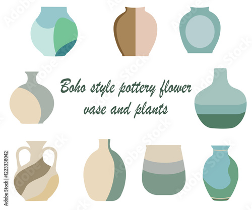 Boho style pottery flower vase and plants