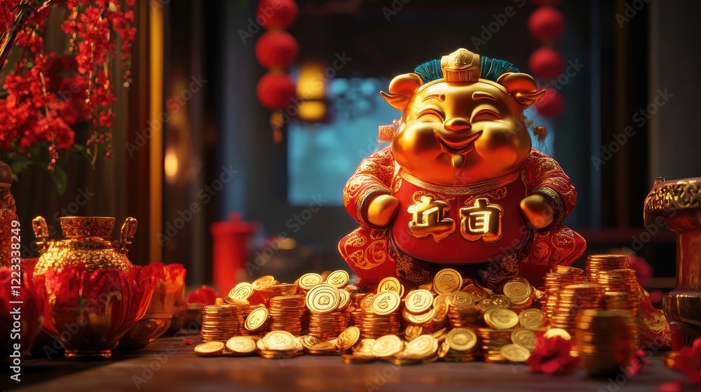 A festive display of prosperity symbols like the Fu character, red lanterns, and golden coins for the Chinese New Year A festive display of prosperity symbols like the Fu character, red lanterns, and golden coins for the Chinese New Year