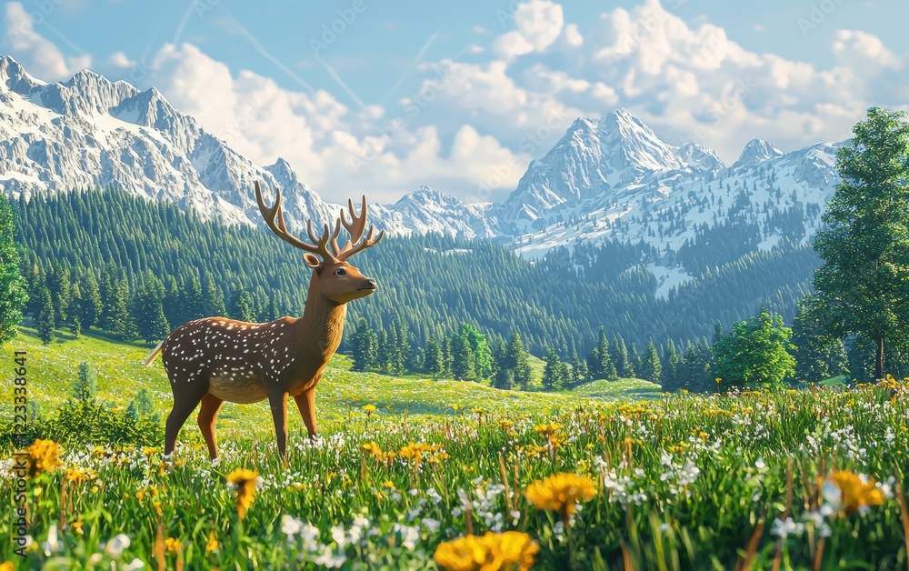 Naklejka premium Realistic 3D icon cartoon deer grazing in a lush green meadow with distant mountains