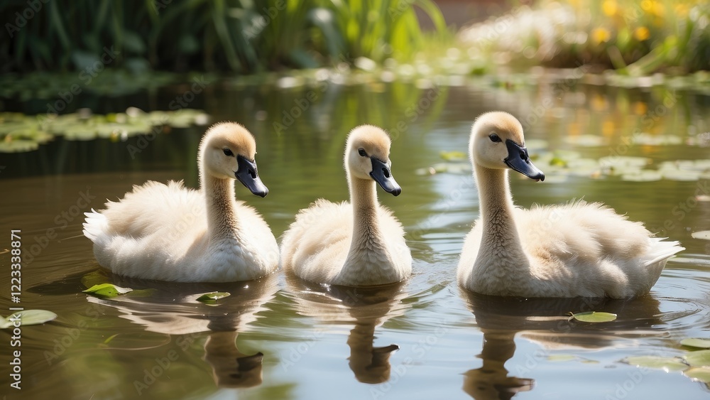 Obraz premium Three cygnets swim in a shallow, greenish pond surrounded by tall grasses.