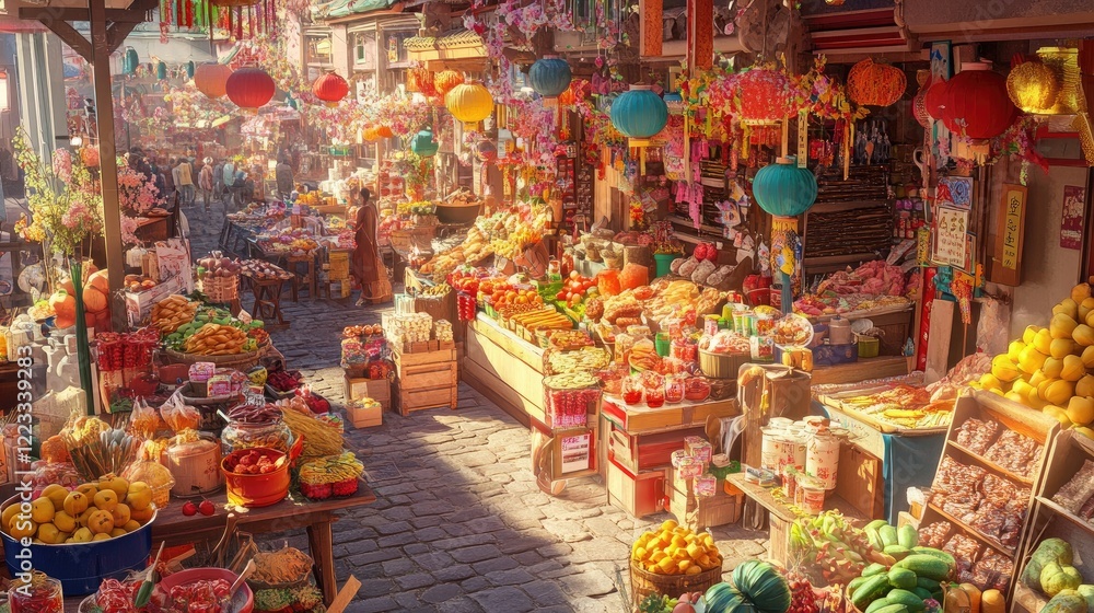 Fototapeta premium A bustling spring festival market with colorful stalls, vibrant decorations, and traditional foods being sold