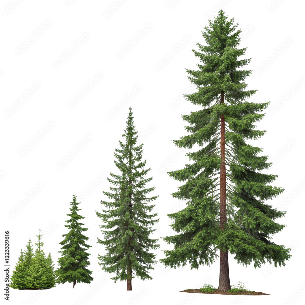 Fototapeta premium Four Evergreen Trees Growth Stages Isolated on Transparent Background, PNG, Nature, Conifer, Christmas Tree, Tree Growth