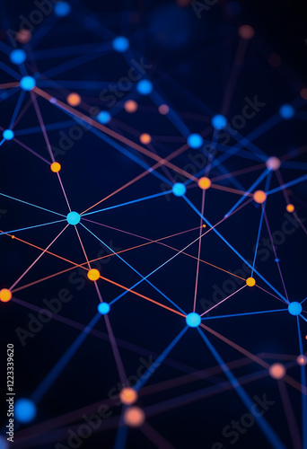Abstract digital network with blue and orange nodes and lines. Futuristic technology concept with connected dots on dark background, 8k, with white tones