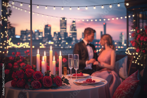 A couple having dinner in a restaurant by the river with a skyline in the background photo