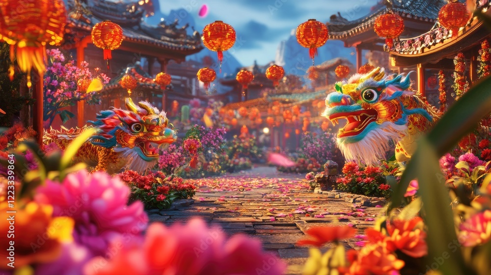 A festive spring festival scene with colorful flower displays, dragon dances, and red lanterns in the streets A festive spring festival scene with colorful flower displays, dragon dances, and red lanterns in the streets