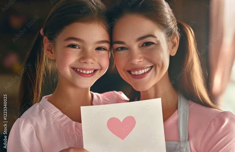 Happy mother and daughter smile. They hold a gift card with a red heart drawn on it. Happy mother and daughter smile. They hold a gift card with a red heart drawn on it.