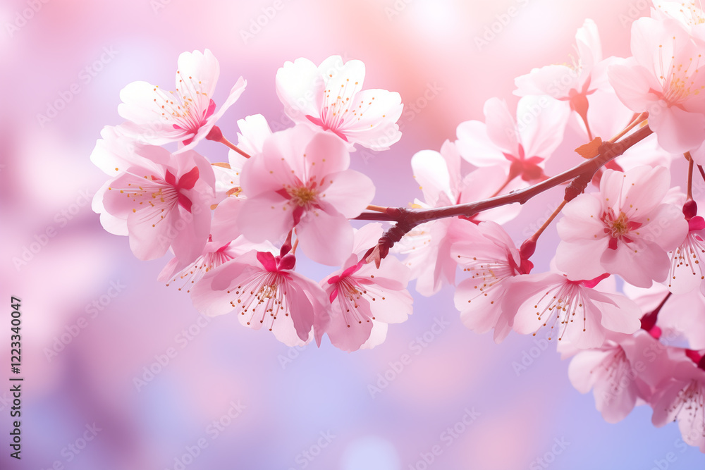 Obraz premium Blooming pink flowers of sakura cherry blossom season in springtime close up. Nature background