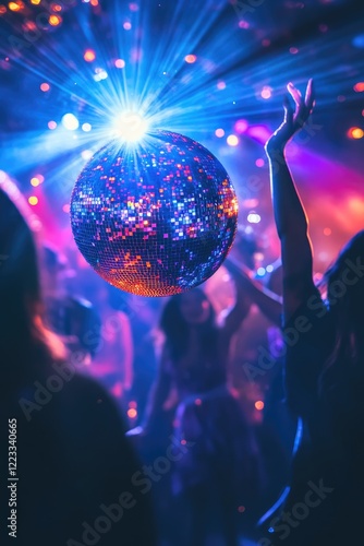 Disco ball in neon color. Selective focus.