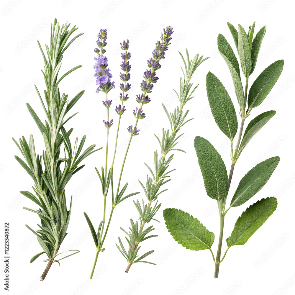 Fototapeta premium Rosemary, Lavender, Sage Herbs Composition Isolated on Transparent Background, Herbs, Botanical Illustration, Culinary Herbs, Herbs, Botanical, Culinary