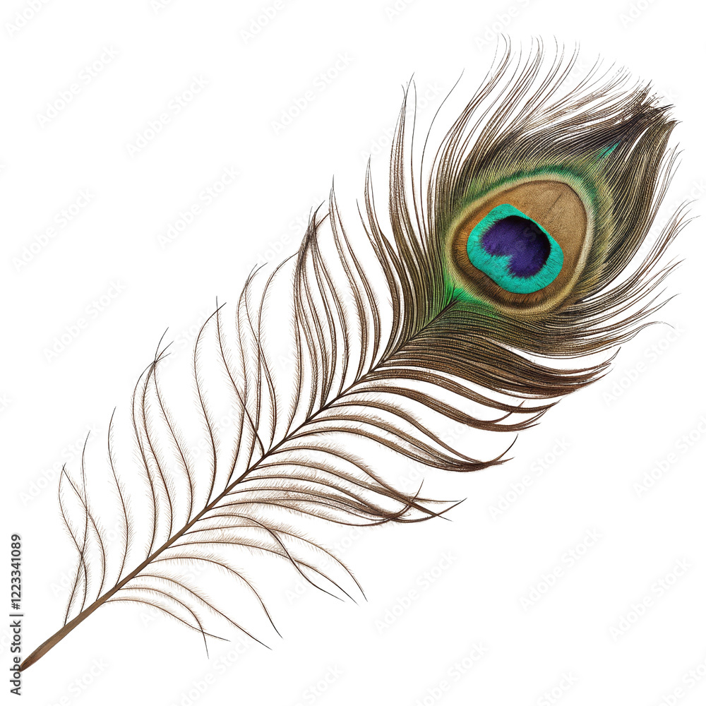 Obraz premium Single Peacock Feather, Isolated on Transparent Background, High-Resolution Image, Avian, Nature, peacock feather, plumage, bird feather