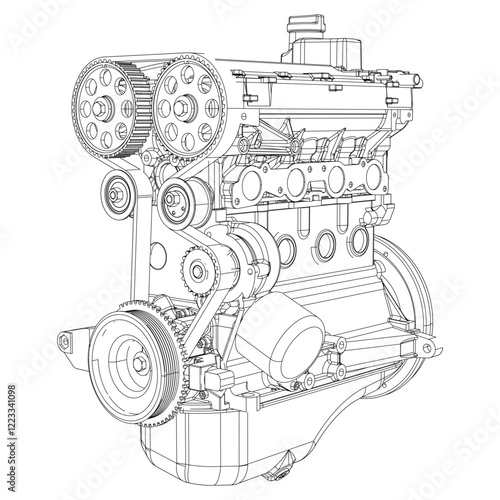 Engine Illustration Set. Car, Motorcycle, Electric Motor, and Rocket Engine for Science and Engineering Projects