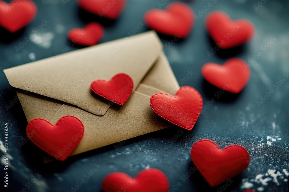 Obraz premium A brown envelope with red hearts on it, suitable for romantic gestures and Valentine's Day celebrations