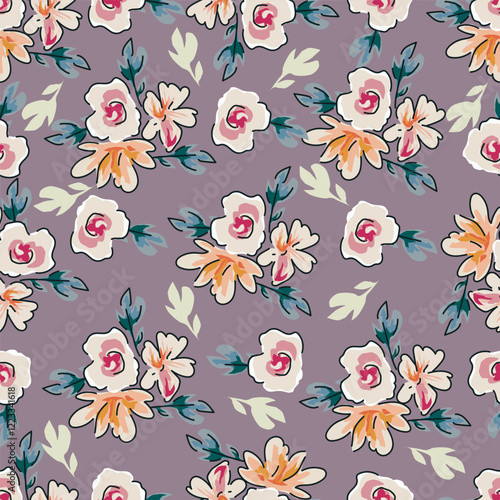 Colorful garden flowers on white background. Seamless vector pattern. Vintage print with inflorescences. Retro textile collection