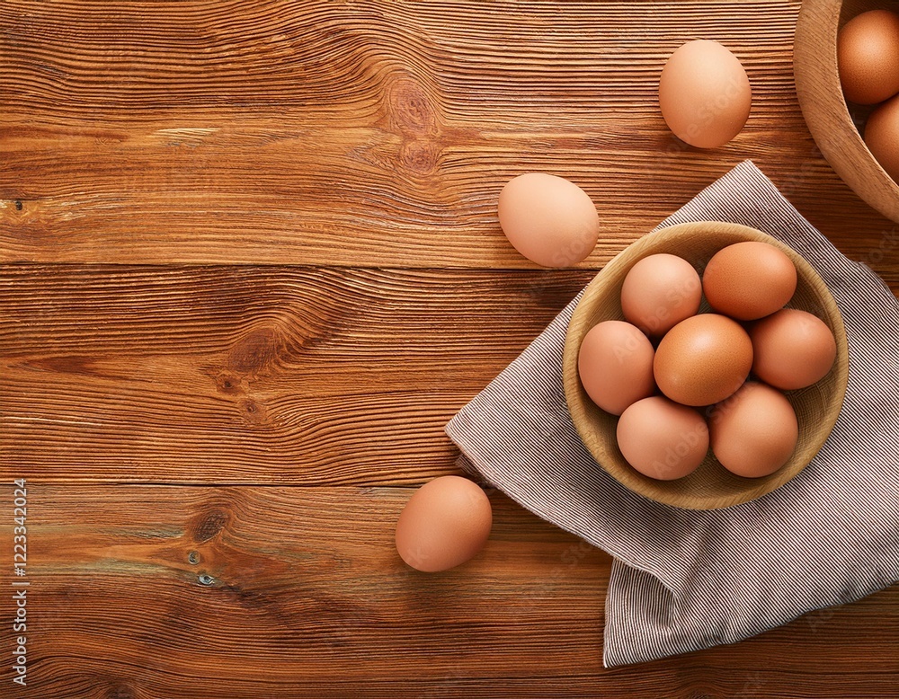 Springtime celebration with eggs in a decorative bowl on a wooden surface Springtime celebration with eggs in a decorative bowl on a wooden surface
