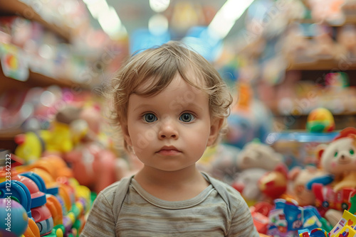Generative AI image of a cheerful child enjoying a visit to a colorful toy store