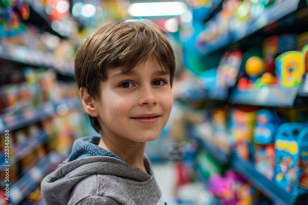 Generative AI image of a cheerful child enjoying a visit to a colorful toy store Generative AI image of a cheerful child enjoying a visit to a colorful toy store