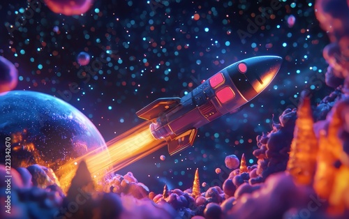 Wallpaper Mural Realistic 3D icon cartoon of a futuristic space rocket flying past a planet, with a starry background Torontodigital.ca