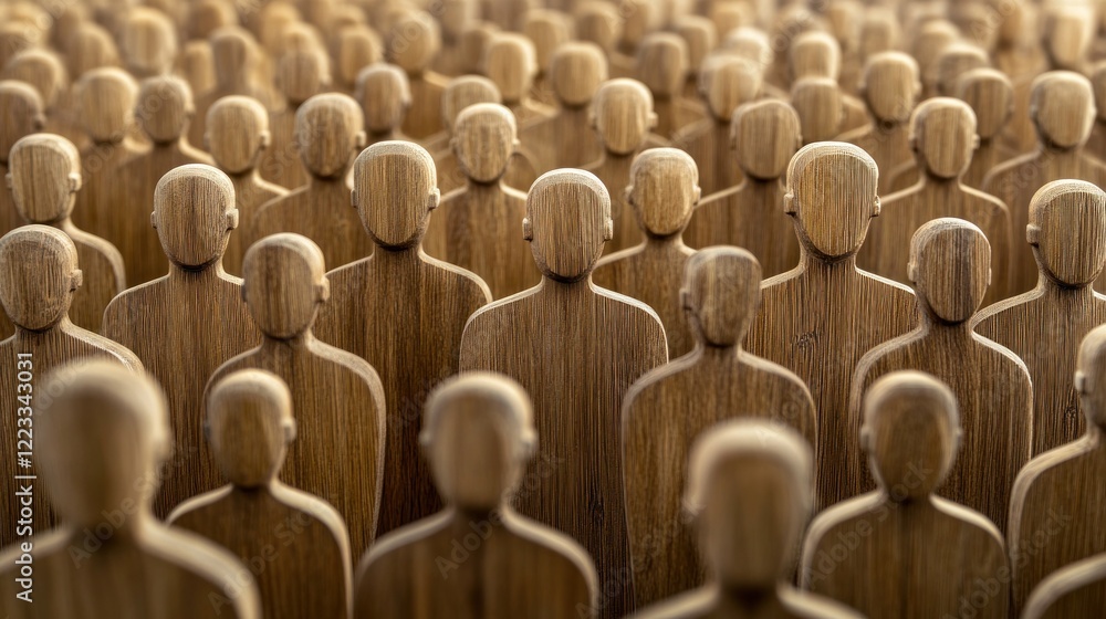 Obraz premium Numerous wooden figures stand close together, emphasizing a sense of unity among the group