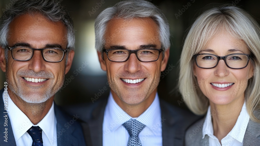 Three confident professionals in glasses smile warmly in a formal setting with a blurred background Three confident professionals in glasses smile warmly in a formal setting with a blurred background