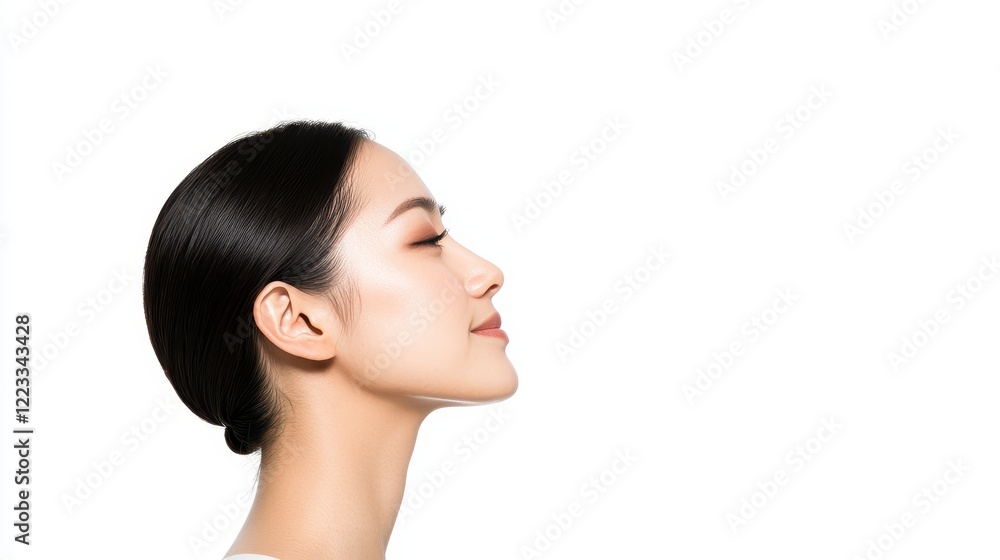 Elegant Profile Portrait of a Young Woman against White Background Elegant Profile Portrait of a Young Woman against White Background