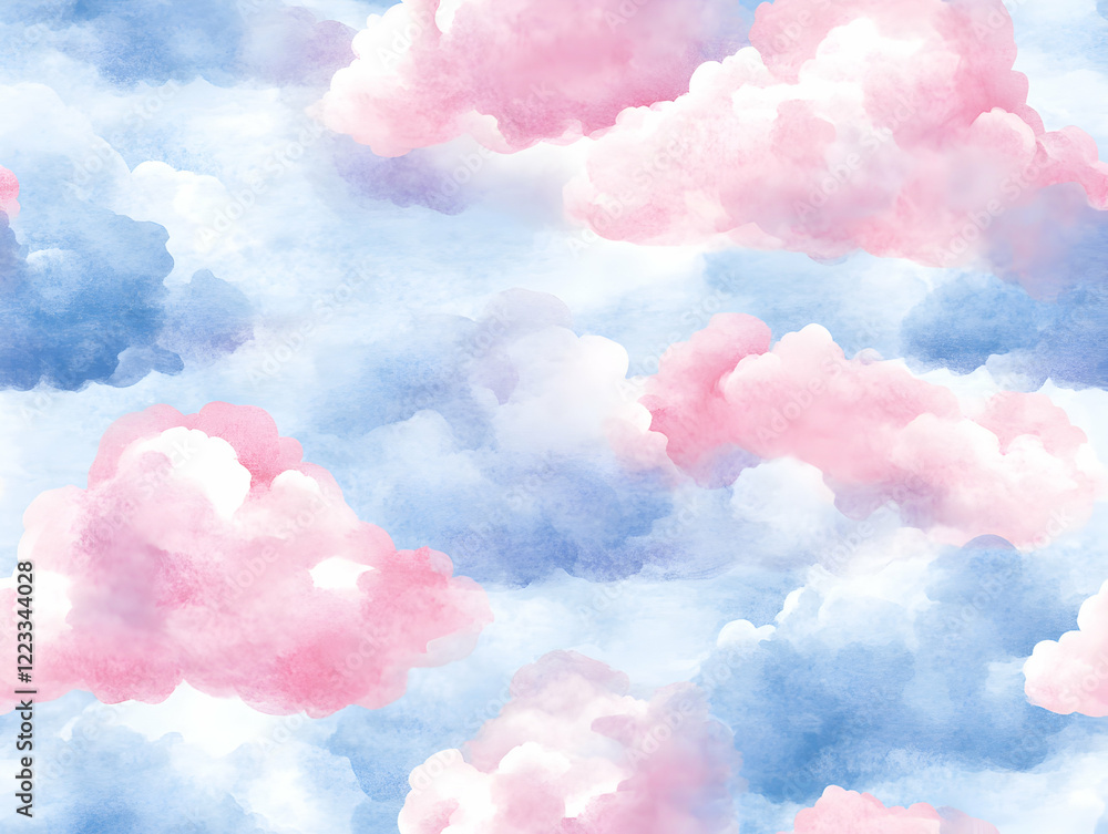 Seamless watercolor cloud pattern featuring soft pink, blue, and white hues ideal for backgrounds and artistic designs Seamless watercolor cloud pattern featuring soft pink, blue, and white hues ideal for backgrounds and artistic designs