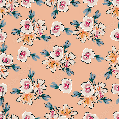 Colorful garden flowers on white background. Seamless vector pattern. Vintage print with inflorescences. Retro textile collection
