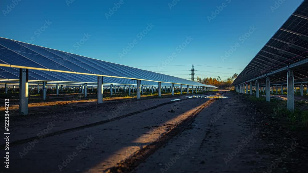 Solar panels in a field tilt to follow the sun, highlighting renewable energy in action Solar panels in a field tilt to follow the sun, highlighting renewable energy in action