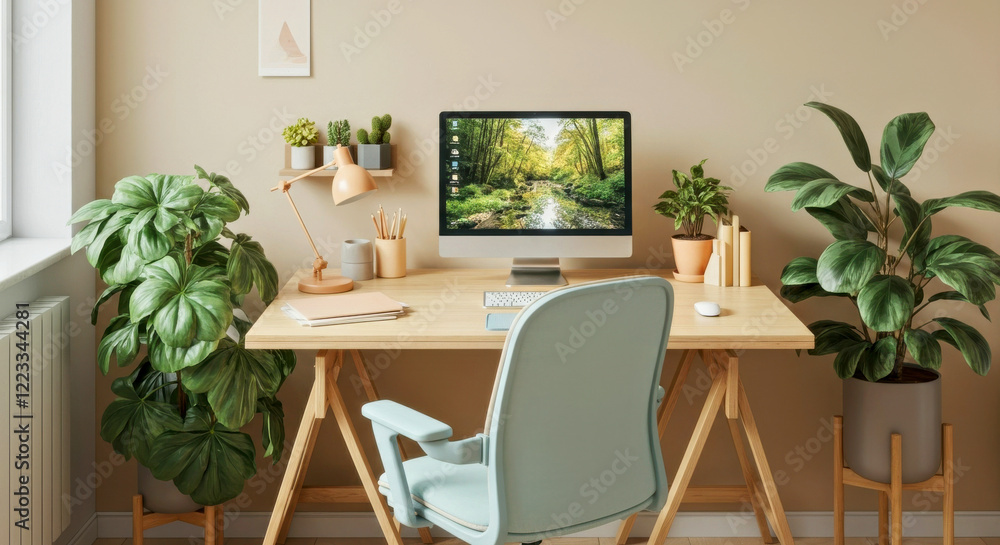 Fototapeta premium Stylish Home Office with Greenery and Modern Decor for Inspiration and Productivity
