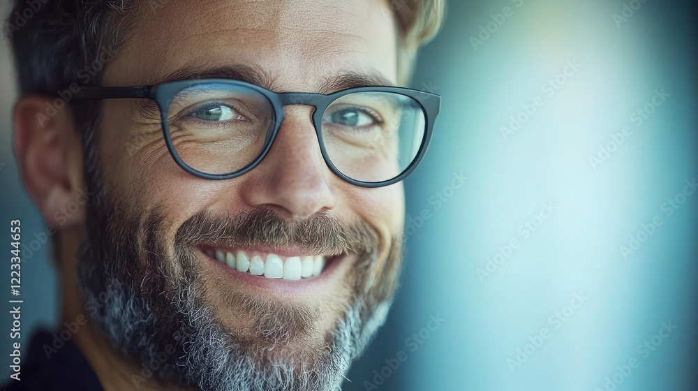 Man with glasses smiles warmly while sitting in a well lit indoor space, exuding positivity and warmth Man with glasses smiles warmly while sitting in a well lit indoor space, exuding positivity and warmth
