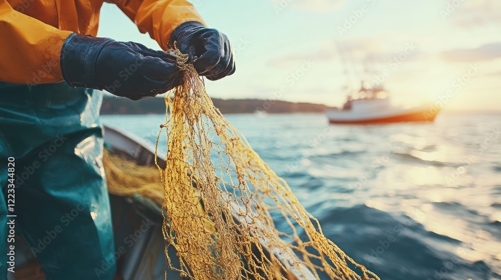Fisherman carefully untangles a fishing net while enjoying the serene sunset on the water Fisherman carefully untangles a fishing net while enjoying the serene sunset on the water