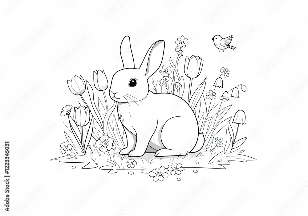 Adorable Rabbit in Flower Garden with Bird: Springtime Coloring Page. Easter card Adorable Rabbit in Flower Garden with Bird: Springtime Coloring Page. Easter card