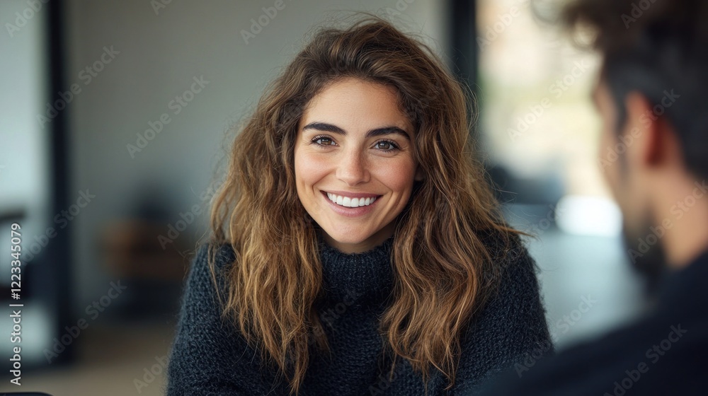 Fototapeta premium Woman with curly hair smiles warmly while conversing in a stylish indoor setting