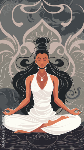 Serene Woman Meditating in Lotus Position, Emanating Pure White Energy, Gray Studio Background