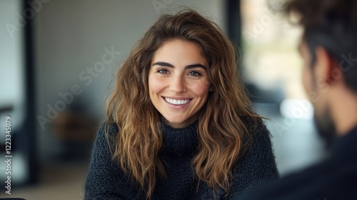 Free Download Woman with curly hair smiles warmly while conversing in a stylish indoor setting - GFXLoad
