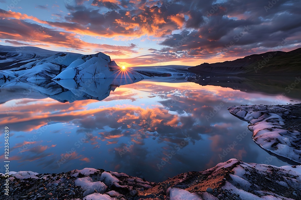 Naklejka premium Vibrant sunset colors paint the sky and reflect on a tranquil glacial lake in Iceland. Icebergs and mountains create a stunning landscape. Dramatic clouds add depth.