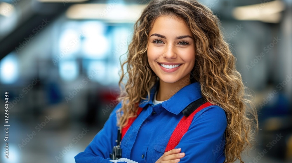 Obraz premium Woman with curly hair smiles while wearing work attire in a bright, modern office space