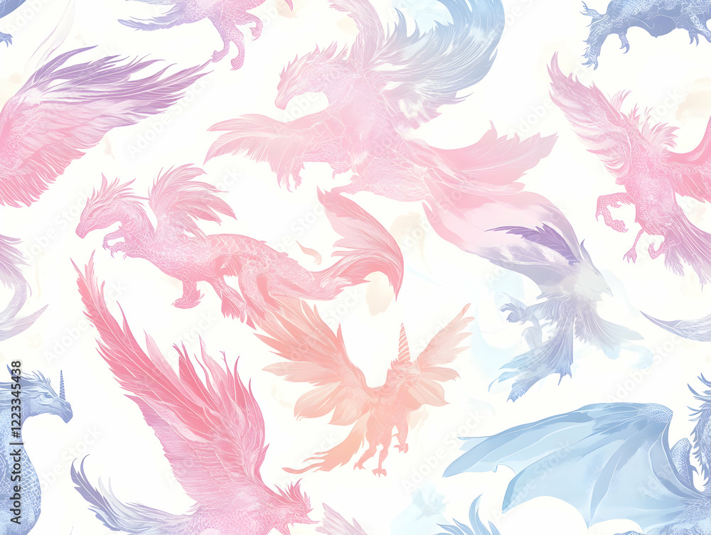 Obraz premium Whimsical pattern featuring colorful feathers and mythical creatures in soft pastel shades