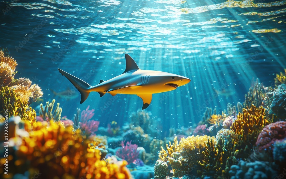 Fototapeta premium Realistic 3D icon cartoon of a shark swimming near a coral reef, with sunlight filtering through the water