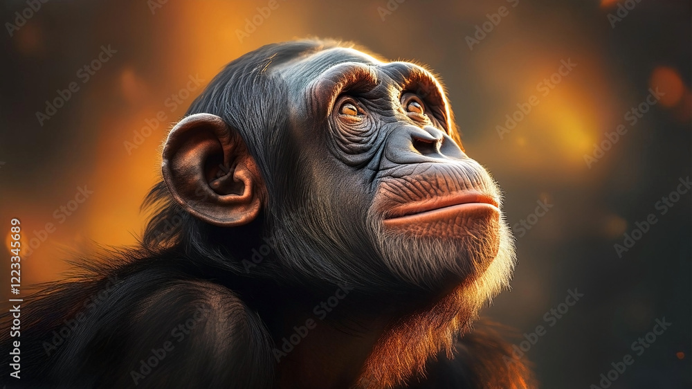 close-up of a chimp looking upwards
