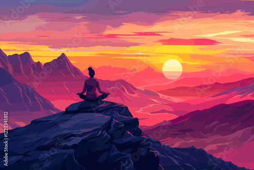 Serene Woman Meditating in Vibrant Sunset on Mountaintop