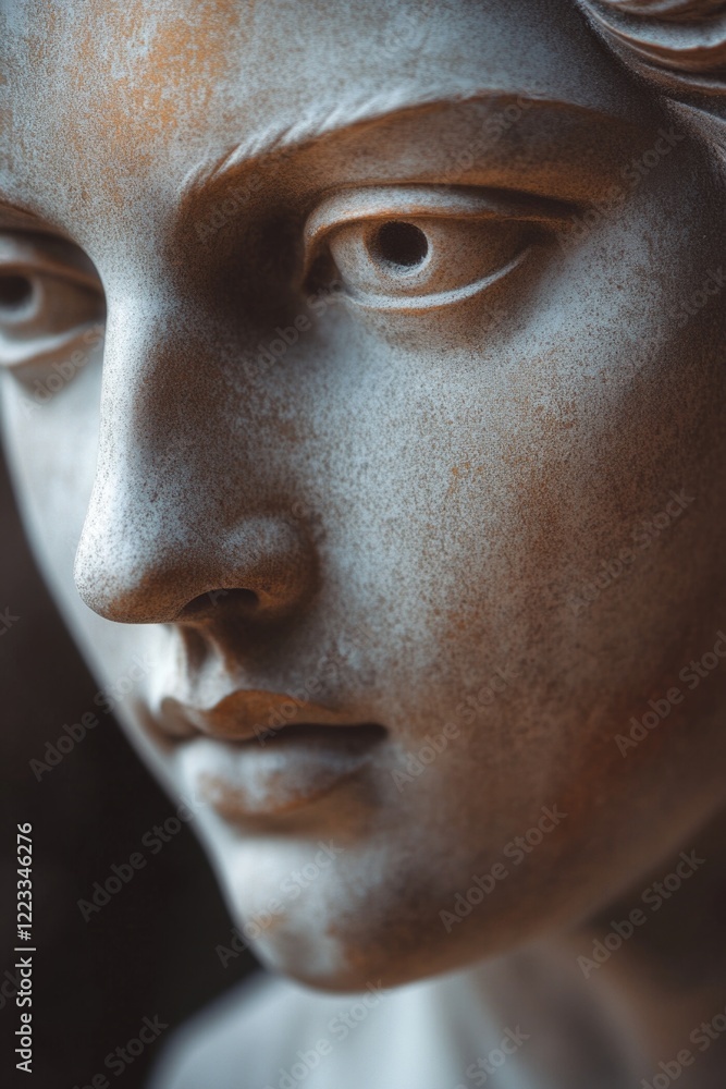 Close-up shot of a woman's face depicted on a statue, suitable for use in art or design projects Close-up shot of a woman's face depicted on a statue, suitable for use in art or design projects