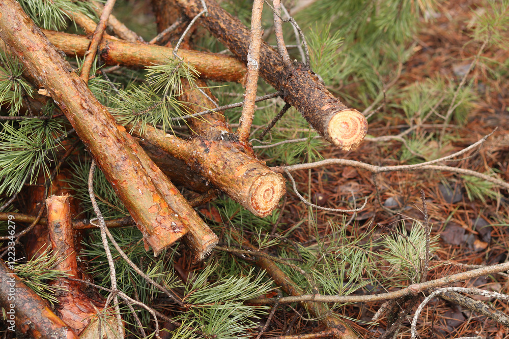 Cutting pine branches, forest. Cut pine branches in a green forest, close-up. Concept of cutting down trees. Trimming branches that interfere with wires. Pile of cut green pine branches Cutting pine branches, forest. Cut pine branches in a green forest, close-up. Concept of cutting down trees. Trimming branches that interfere with wires. Pile of cut green pine branches