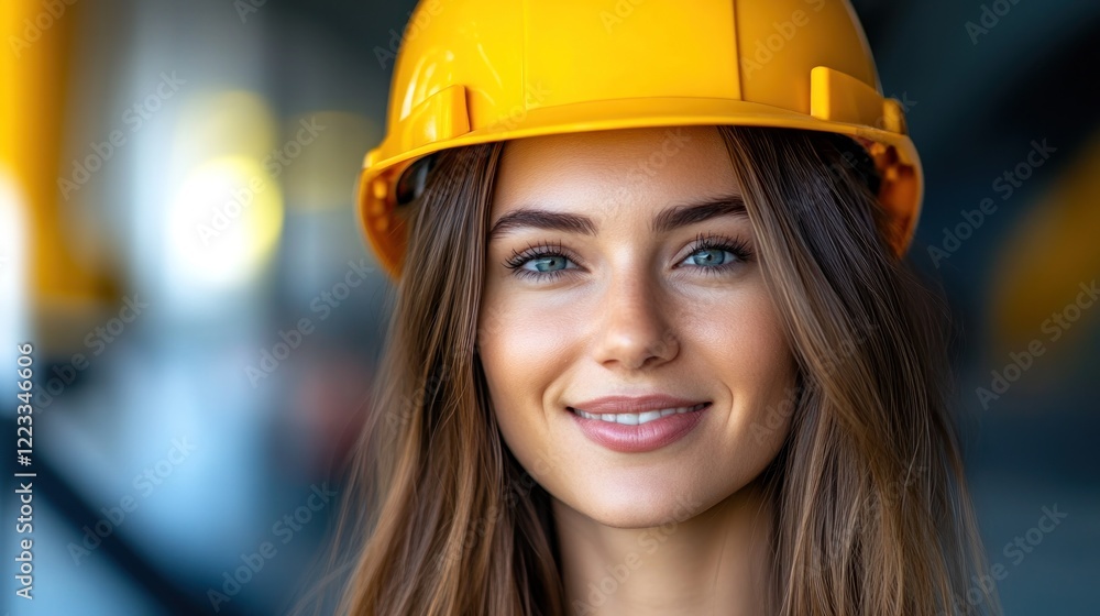 A young woman with long hair and blue eyes smiles in a yellow hard hat at the construction site A young woman with long hair and blue eyes smiles in a yellow hard hat at the construction site