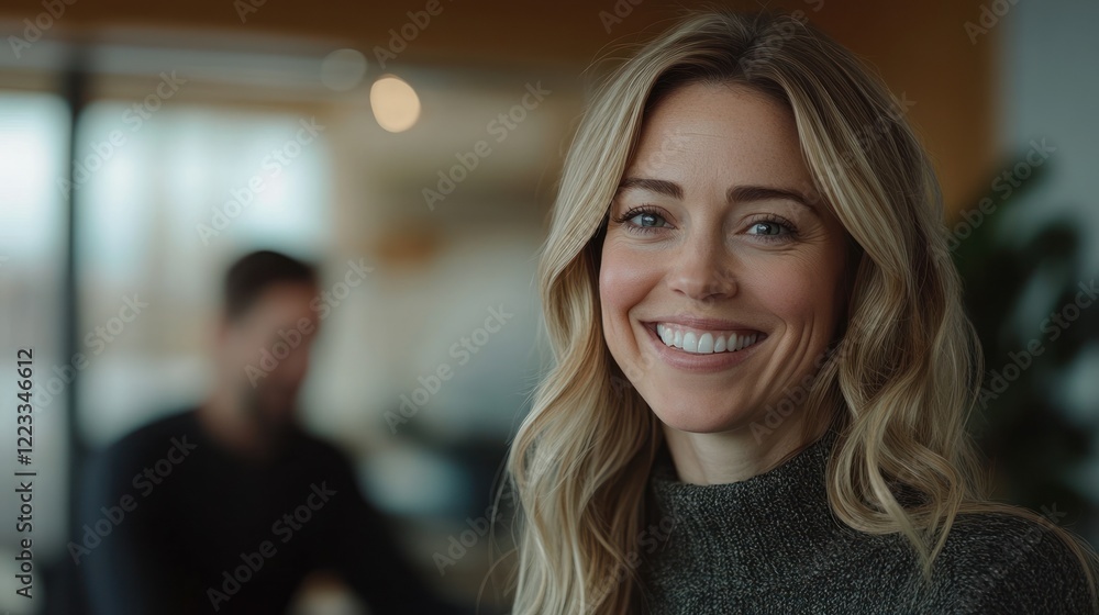 Cheerful woman wearing a sweater smiles warmly at the camera in a modern office environment Cheerful woman wearing a sweater smiles warmly at the camera in a modern office environment