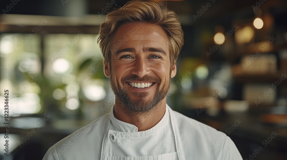 Fototapeta premium A cheerful chef stands in a welcoming kitchen, radiating enthusiasm and pride for his culinary creations
