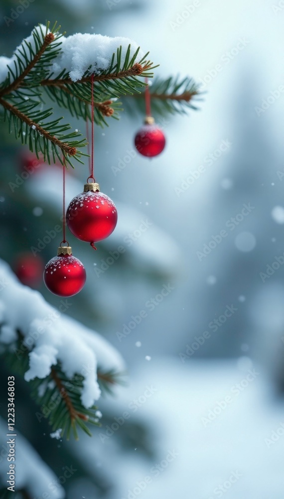 Red beads on a fir branch against a white winter wonderland backdrop, winter, peaceful, snow Red beads on a fir branch against a white winter wonderland backdrop, winter, peaceful, snow