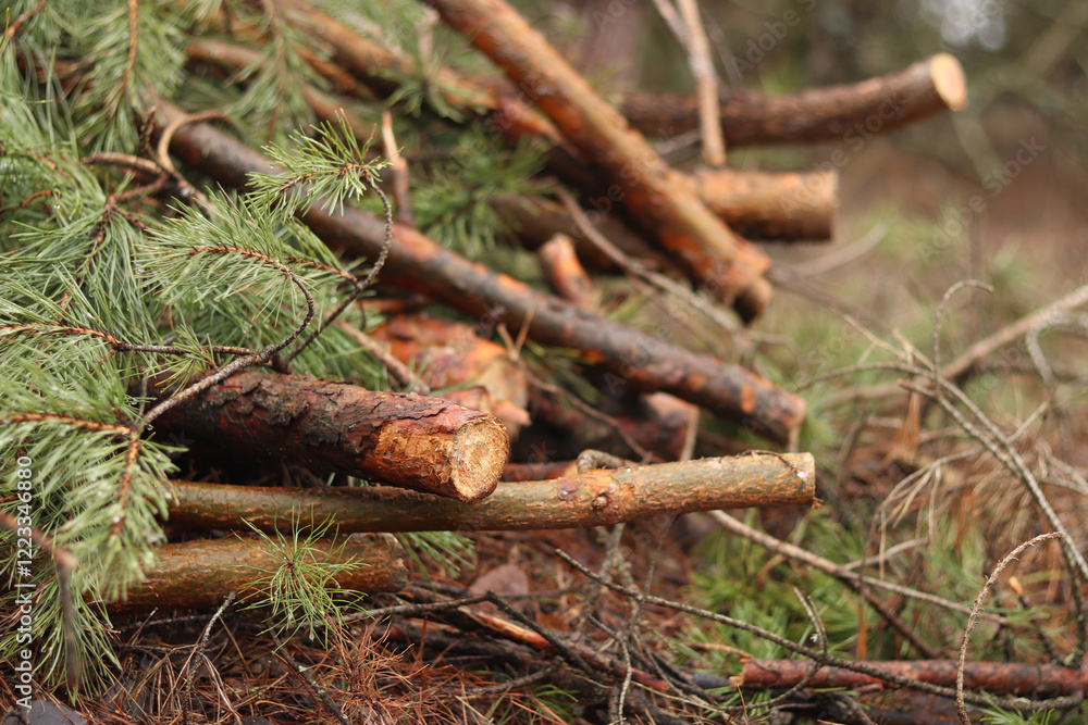 Cutting pine branches, forest. Cut pine branches in a green forest, close-up. Concept of cutting down trees. Trimming branches that interfere with wires. Pile of cut green pine branches Cutting pine branches, forest. Cut pine branches in a green forest, close-up. Concept of cutting down trees. Trimming branches that interfere with wires. Pile of cut green pine branches