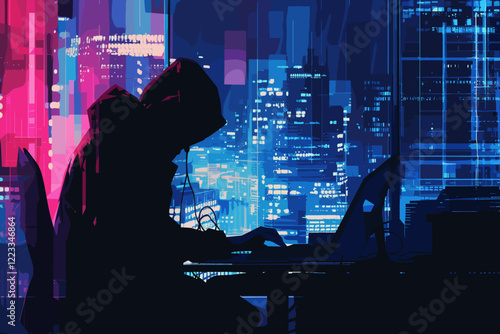 Silhouette of a Hacker Preparing a Cyber Attack with Crime Icons on World Map Background